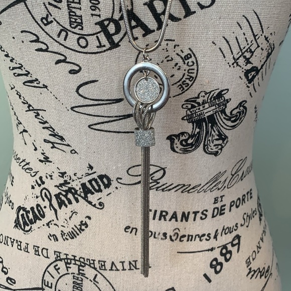 Long Silver Tone Statement Necklace with Sparkle and Chain Tassel - Picture 1 of 8